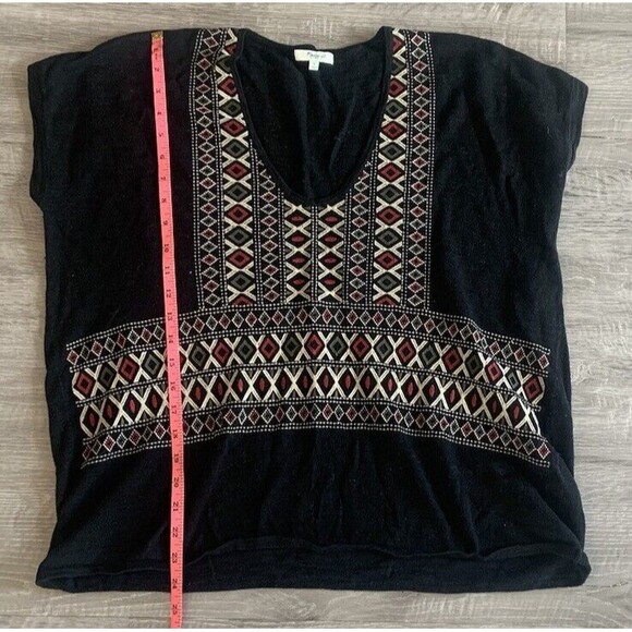 Madewell Boho Knit Top Women's Sz S Black Embroidered Aztec Tribal Tee Cotton - Picture 1 of 5